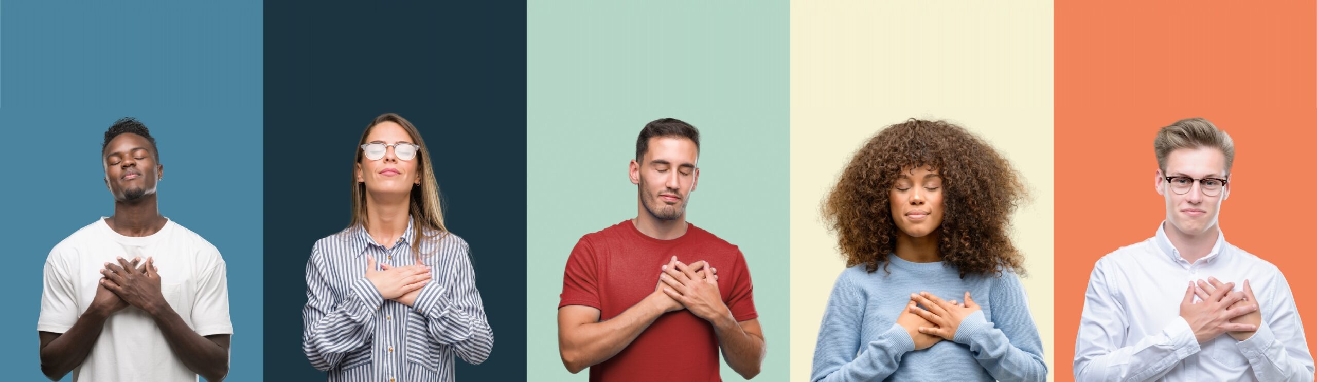 Group of people over vintage colors background smiling with hands on chest with closed eyes and grateful gesture on face. Health concept.